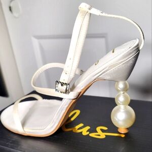 Lulus Linette White Satin Sculpted Heel Ankle Strap Sandals